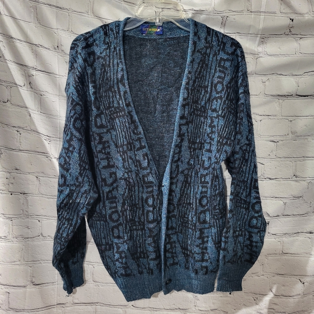 Vintage Guy De Berac Blue Patterned Men's Cardigan Sweater